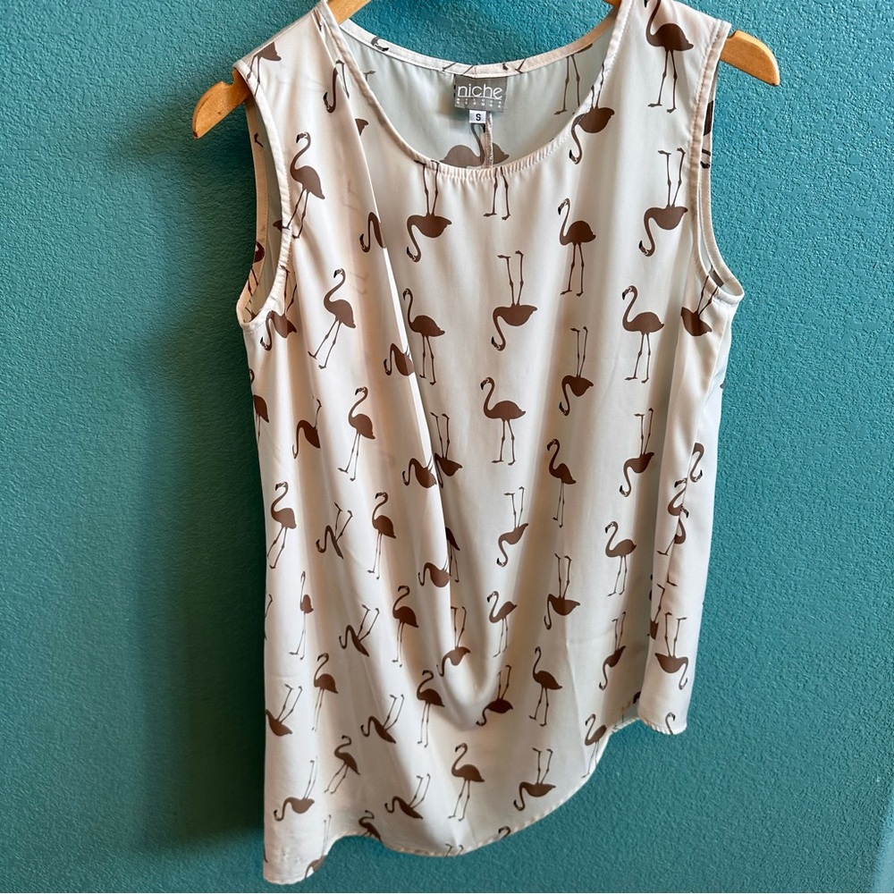 Niche Nilgun Derman Top Women's Small Off White Brown Flamingo Asymmetric Blouse